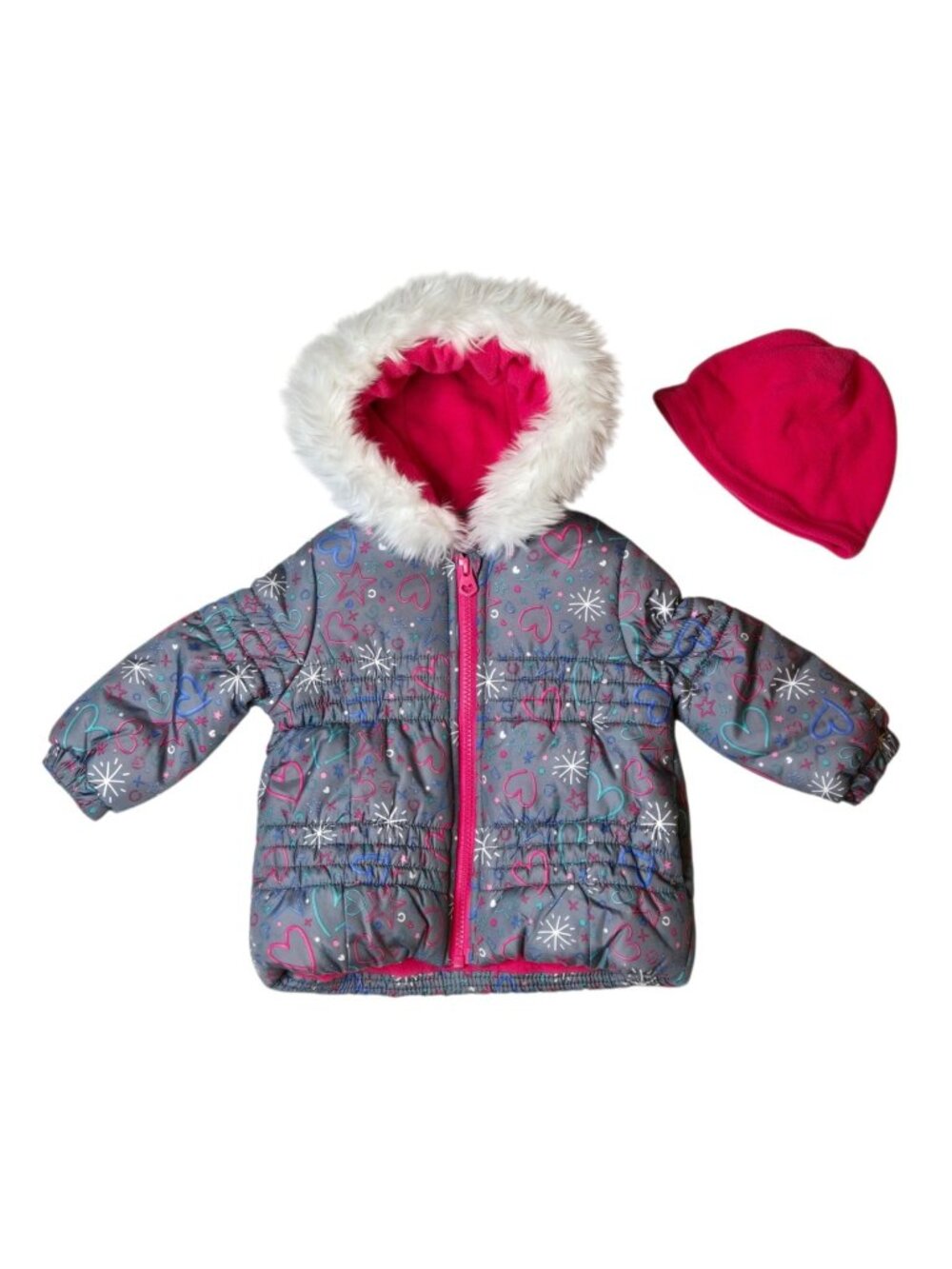 London Fog Baby Girls Puffer Coat 12M Gray Pink Snowflake Faux Fur Hood Hat